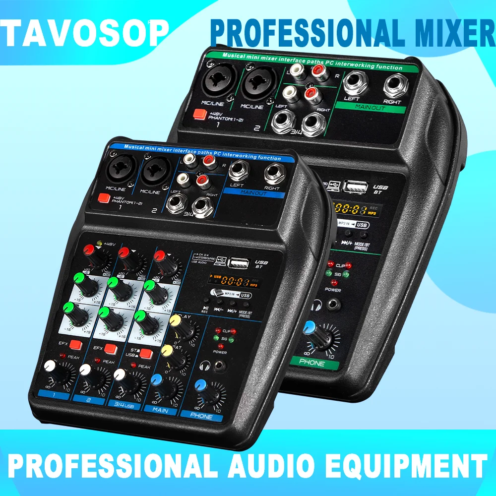 Mixer de Áudio Portátil TAVOSOP de 4 Canais, Console de Gravação com Interface USB BT 48V para DJ, Karaokê, PC, MP3 e Microfone Mixer de Áudio Portátil TAVOSOP de 4 Canais, Console de Gravação com Interface USB BT 48V para DJ, Karaokê, PC, MP3 e Microfone