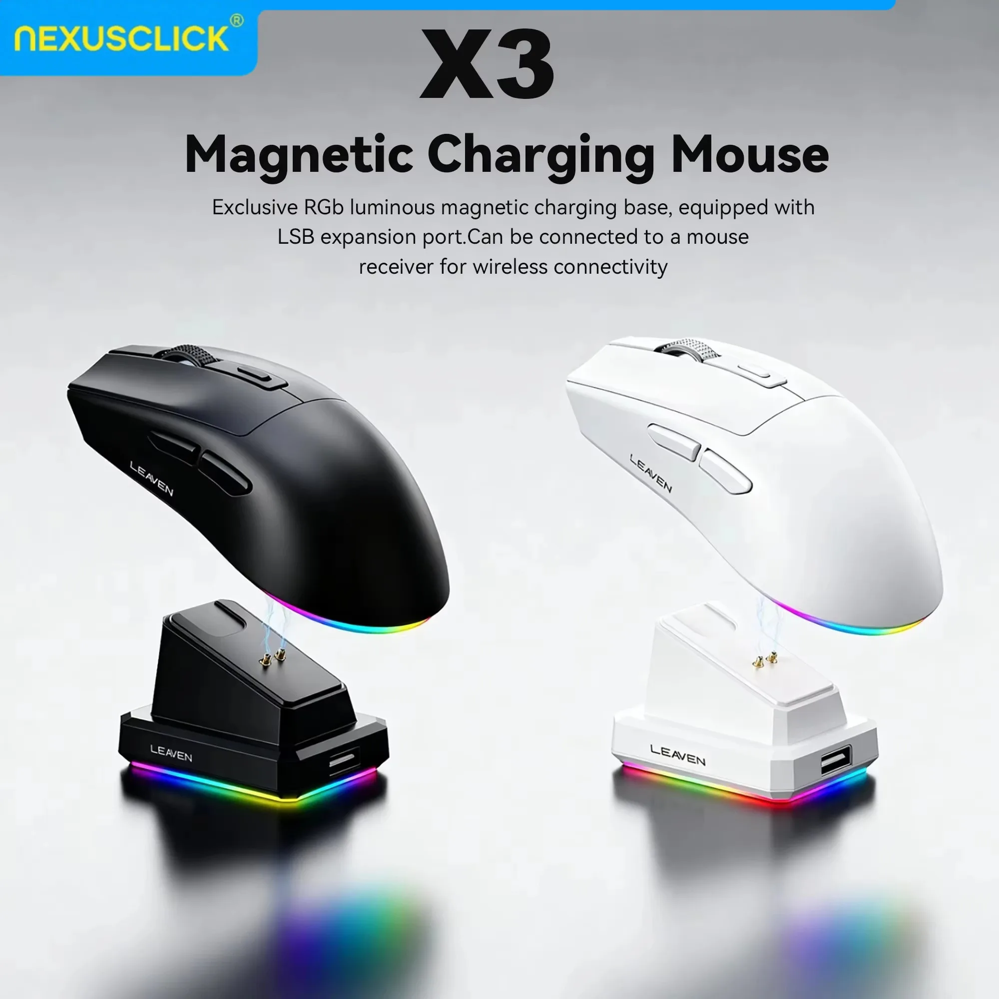 Mouse Gamer Sem Fio NexusClick Dual Mode, Leve com Iluminação RGB, Base de Carregamento Magnética, DPI Ajustável, Ergonômico para Laptop e PC