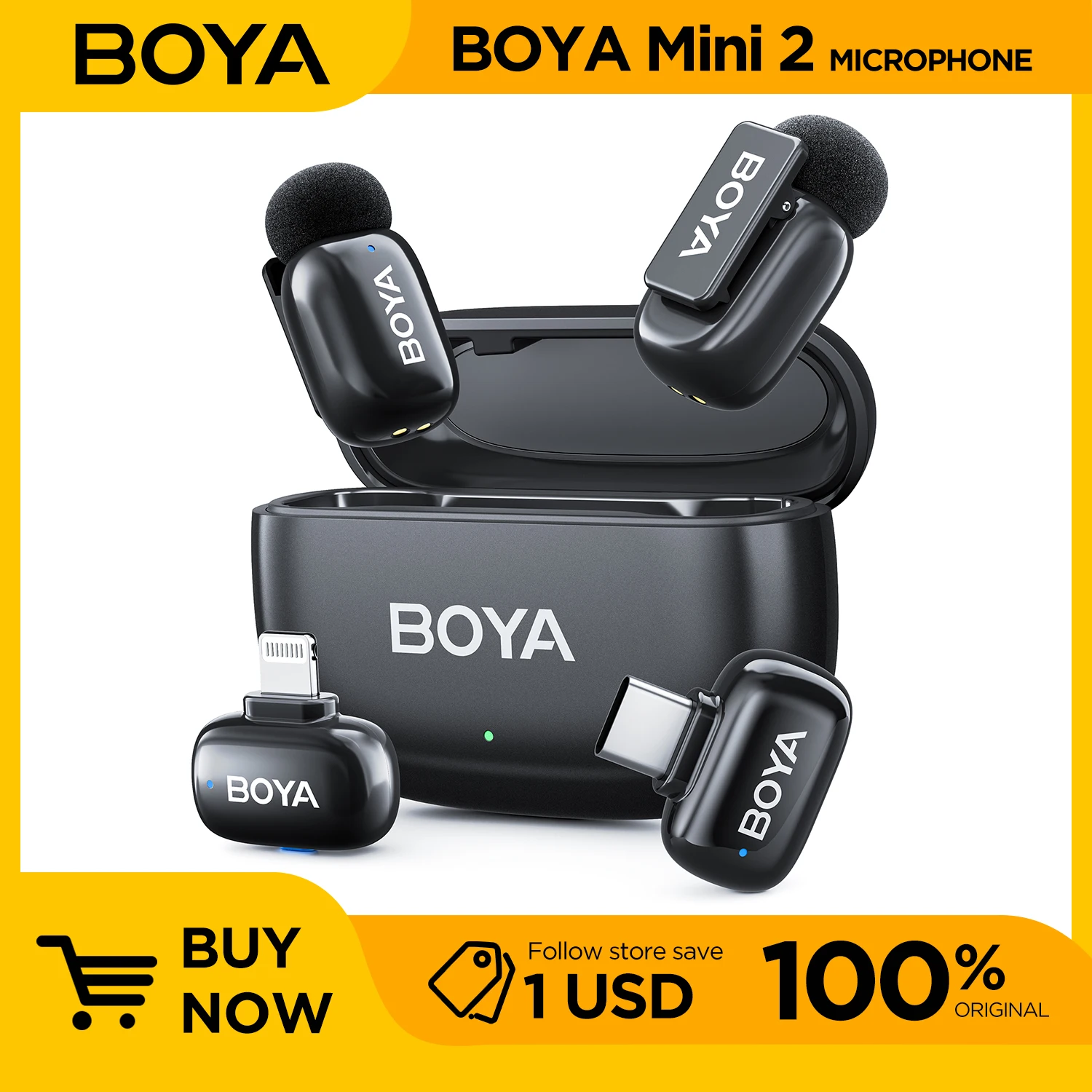Microfone de Lapela Sem Fio BOYA Mini 2 (2 Peças) - Microfone Condensador Omnidirecional USB-C para Gravação de Vídeo