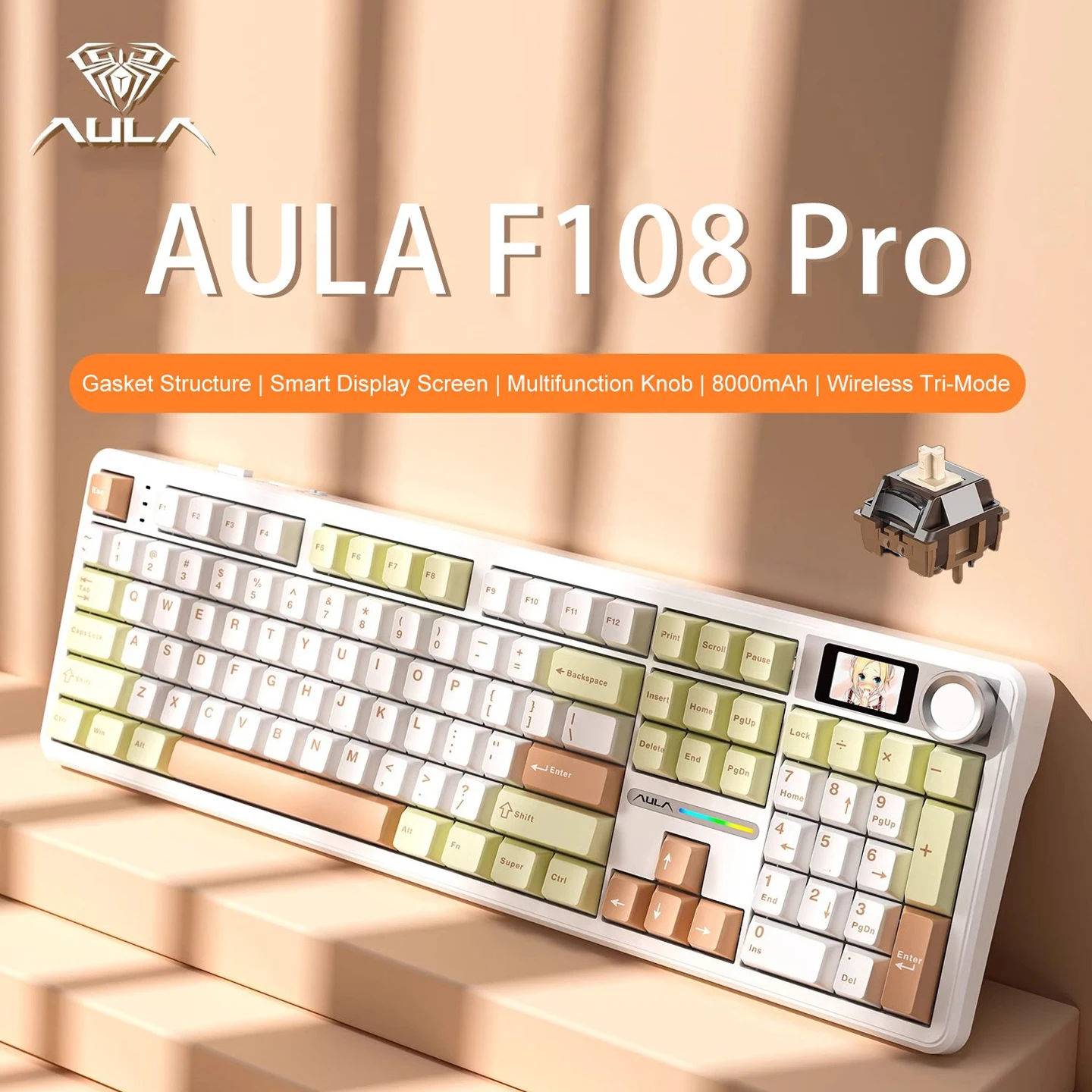 Teclado Mecânico Sem Fio AULA F108 PRO com Tela e Botão, 8000mAh, Keycaps PBT, RGB, Hot Swappable, Teclado Gamer Personalizado de Tamanho Completo