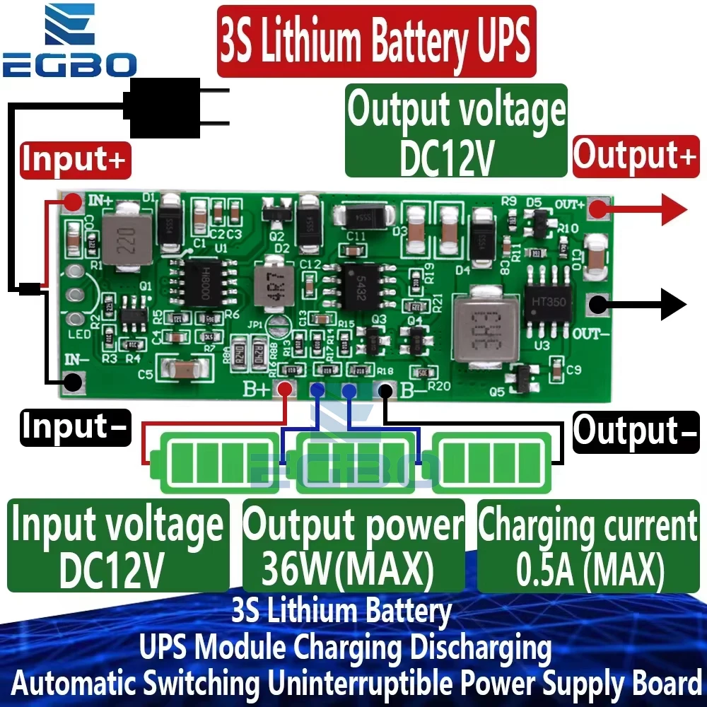 3S 12V 3A 24W 36W Bateria de lítio UPS Módulo de carregamento e descarga de comutação automática Placa de fonte de alimentação ininterrupta EGBO