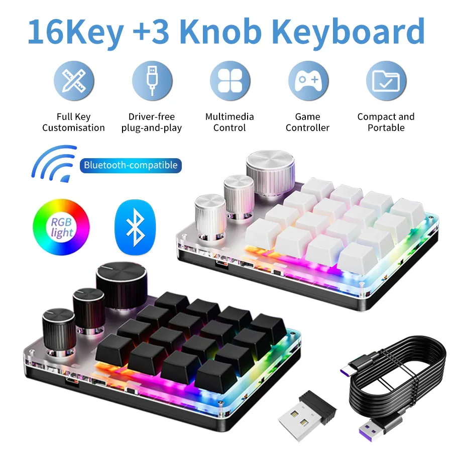 Teclado Mecânico RGB Sem Fio Bluetooth com 3 Modos, Programação Personalizada, 16 Teclas, 3 Botões, Função Copiar e Colar, Hotswap, Teclado Gamer Macropad