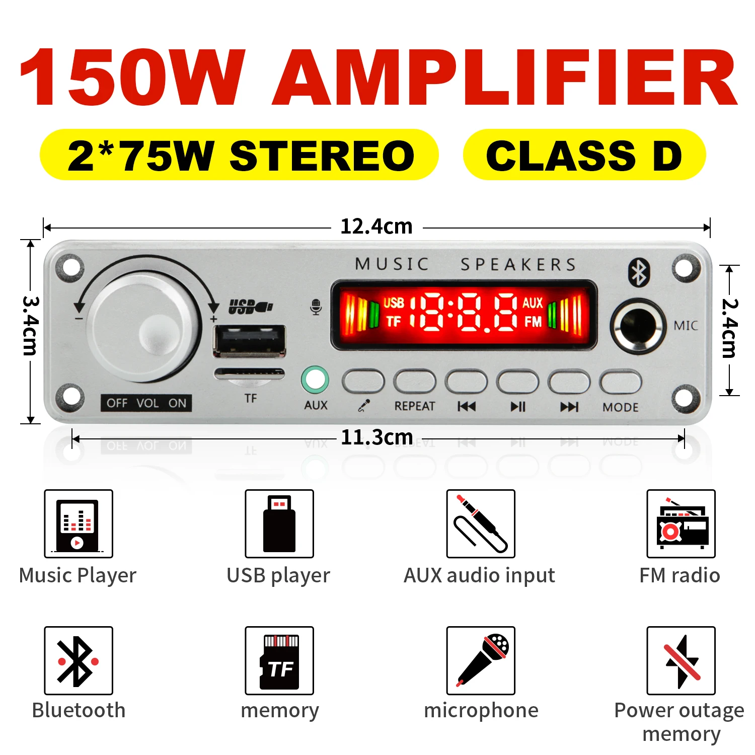 Placa decodificadora bluetooth amplificador 150w, 12v, 6.5mm, microfone, rádio fm, tf, usb, áudio do carro, reprodutor de música, alto-falantes, controle de volume