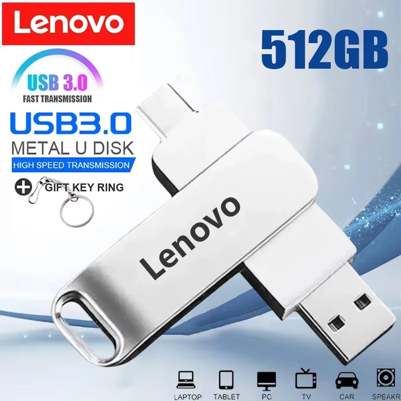 Pen Drive USB3.2 Lenovo 512GB OTG de Alta Velocidade Tipo-C com Capacidade Real em Metal para Telefone e Computador