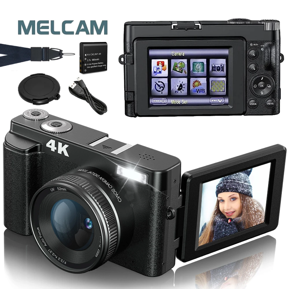 Câmera Digital 4K para Fotografia e Vídeo Autofoco Anti-Shake 48MP Câmera Compacta Vlogging 3'' 180 ° Tela dobrável com flash