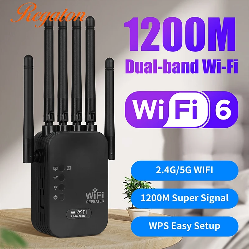 Repetidor WiFi Roteador Sem Fio 1200Mbps 2.4G 5G Extensor de Sinal de Alta Potência com 6 Antenas Amplificador de Rede e Reforçador de Sinal