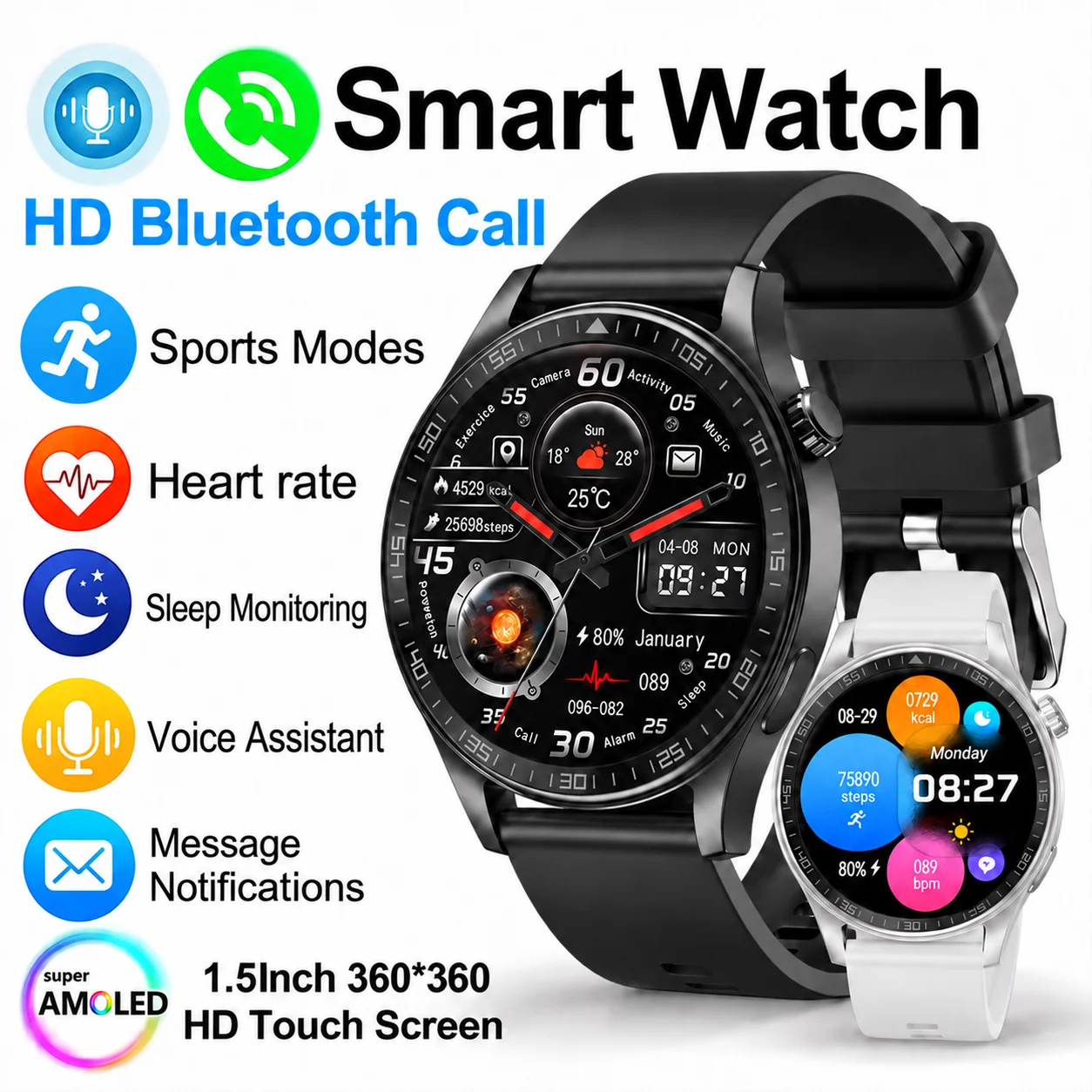 Relógio inteligente LAXASFIT, ecrã HD de 1,46", com função de resposta por gestos, SOS, chamadas Bluetooth, monitorização da frequência cardíaca, rastreador de atividades físicas, ideal como presente para homens e mulheres.