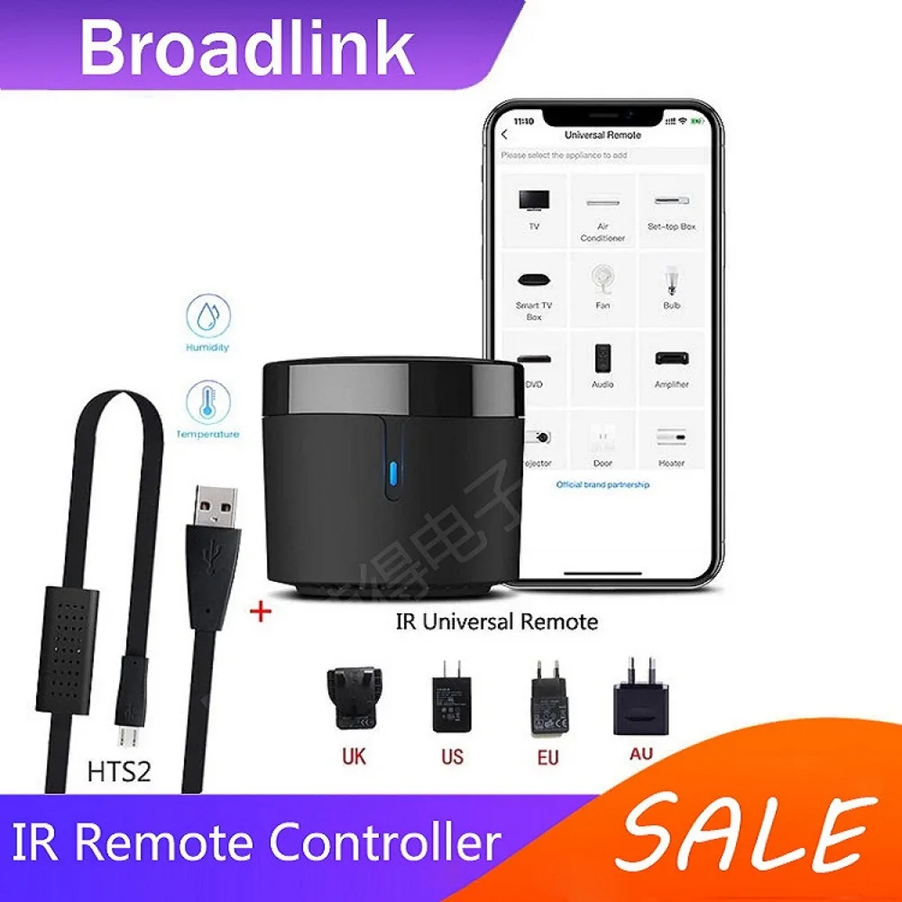 Broadlink rm4mini + hts2 ue/reino unido/eua/au plug ir controle remoto ar/tv set-top box sensor de umidade temperatura com alexa google
