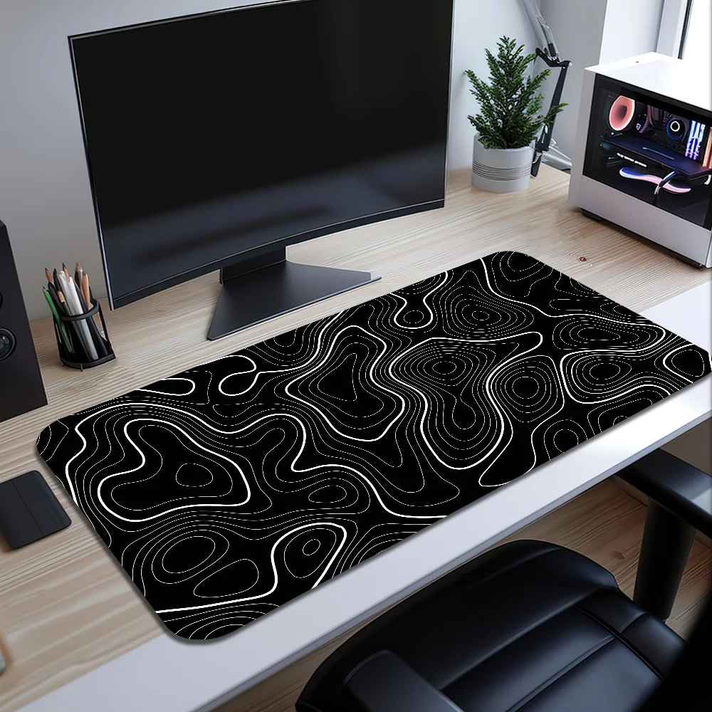 Mouse Pad Grande Antiderrapante e Ergonômico T-Topográfico Preto com Curvas para Teclado, Borracha, para Escritório, PC e Casa - Personalizável