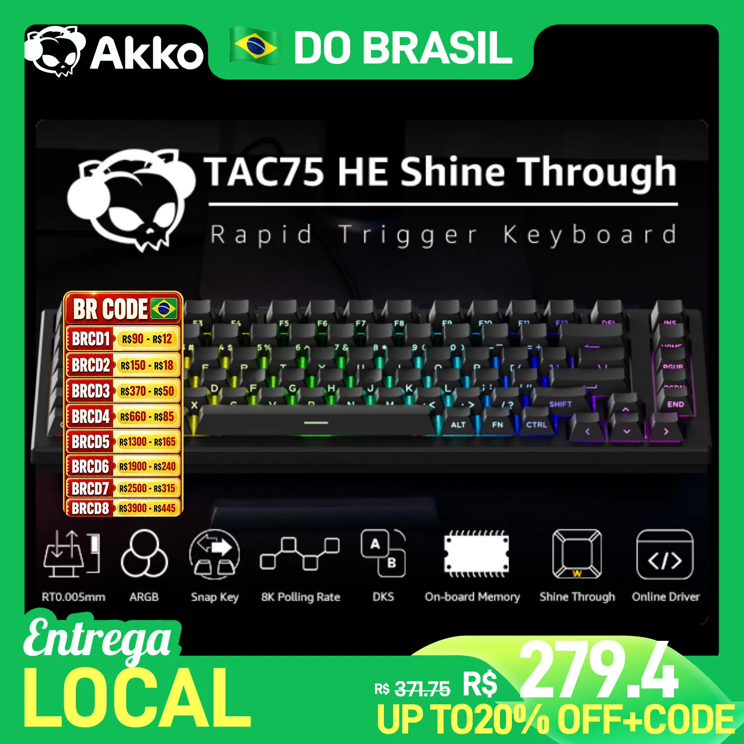 Teclado Mecânico Gamer Akko TAC75 HE com Switches Magnéticos 75% com Fio 8K RT0.005mm RGB