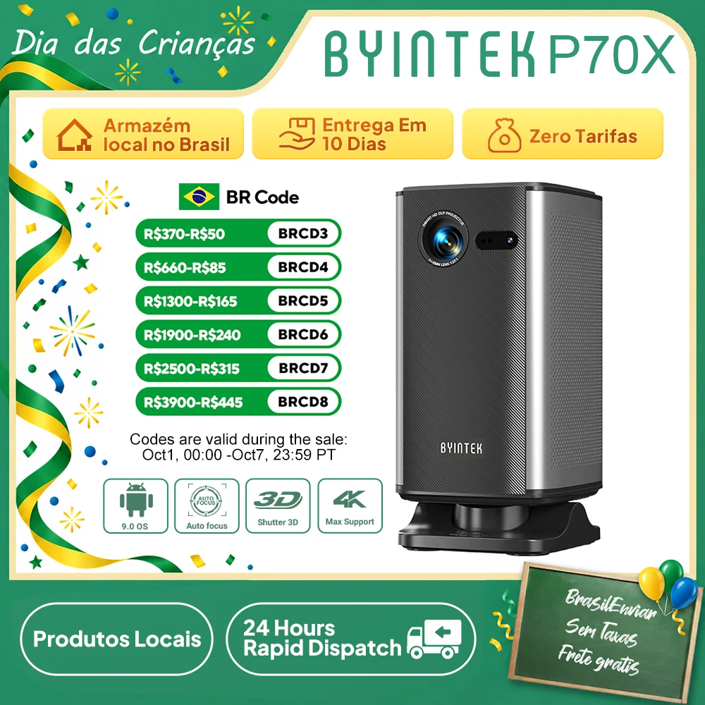 Projetor Portátil BYINTEK BOOK 1 P70X com Bateria Integrada, Suporte 4K, 3D e Wi-Fi para Noites de Cinema ao Ar Livre e Home Theater