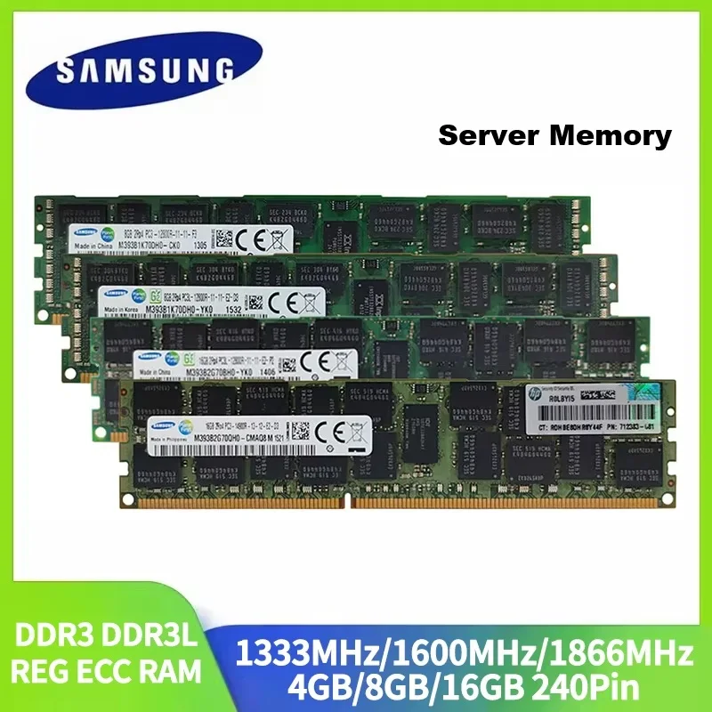Memória de Servidor SAMSUNG DDR3 DDR3L 32GB 16GB 8GB 4GB RAM 1866 1600 1333MHz Memória de Servidor PC3-12800R REG ECC RAM Registrada