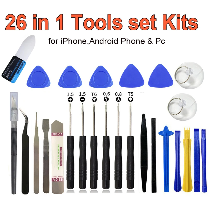 Kit Profissional de Ferramentas para Reparo de Celulares 26 em 1: Chaves de Fenda com Espátula de Abertura de Tela e Ventosa para iPhone Samsung Xiaomi