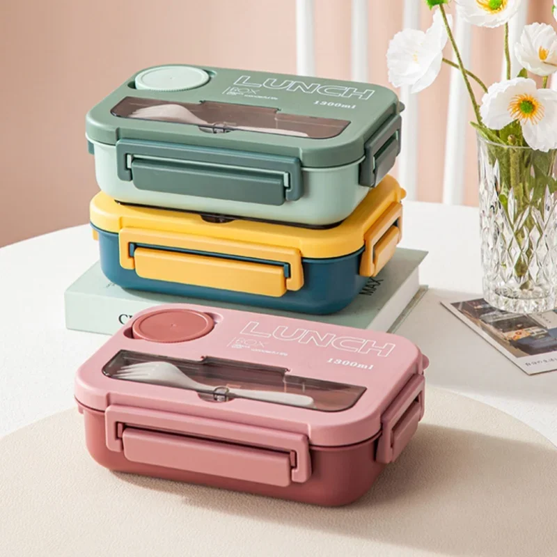Compartimento 1300ml lancheira portátil crianças estudantes escritório bento caixa com garfo e colher recipiente de armazenamento de alimentos de microondas