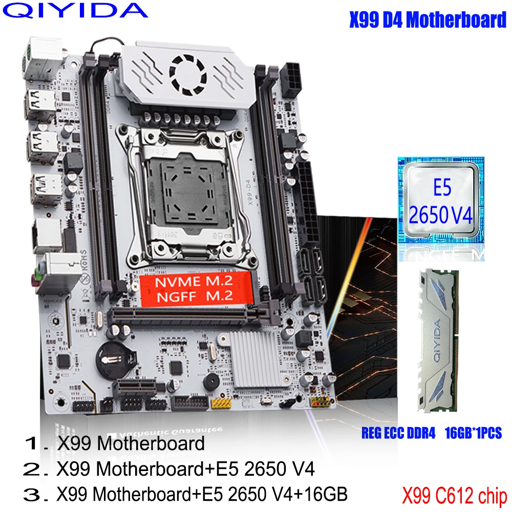 Conjunto de placa-mãe qiyida x99 lga 2011-3 kit xeon e5 2650 v4 processador cpu com 16gb ddr4 ecc memória ram ssd nvme m.2 x99 c612 chip