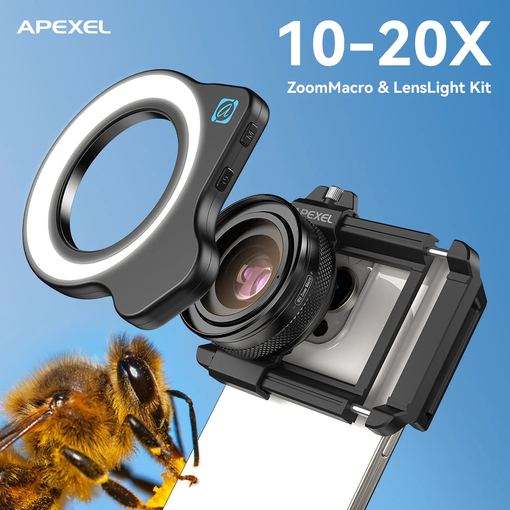 Lente Macro APEXEL com Zoom de 10-20X, Lentes de Câmera HD para Microfone de Telefone com Luz de Preenchimento LED para iPhone, Samsung e Todos os Smartphones, Macro para Cílios