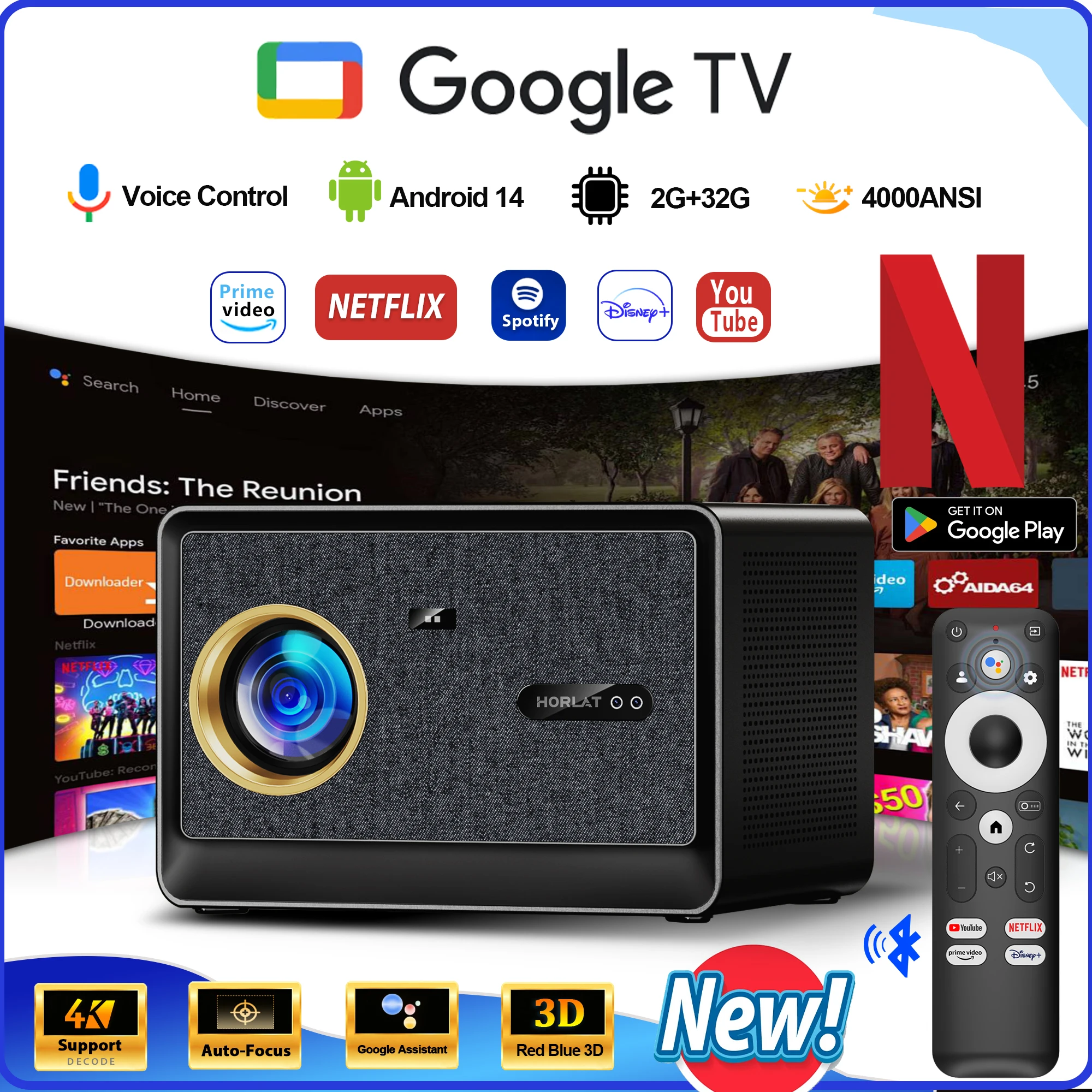 Projetor Ultra HD HORLAT 4000ANSI Lúmens para Filmes e Vídeos, Google TV, Home Theater, 32GB, Android 14, Foco Automático, Smart TV, Projetores de Feixe de Luz