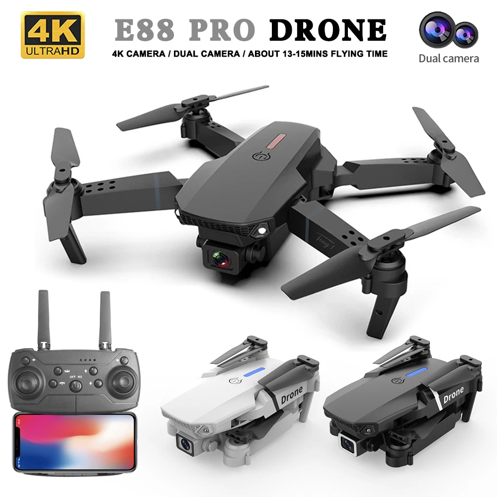 Drone Mini RC E88 2026 Dobrável Quadricóptero com LED e Controle Remoto com Fluxo Óptico UAV E88 Pro Max para Iniciantes ﻿