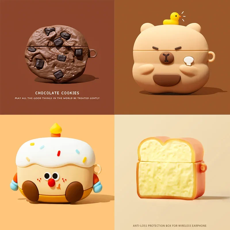 Capa 3D de biscoitos de chocolate e pão para AirPods 1 2 3 4 5 Pro, capa de fone de ouvido fofa de desenho animado para AirPods Pro2 Pro3, capa de silicone macia
