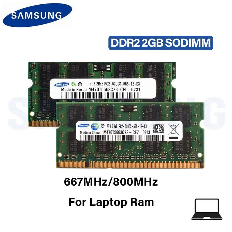 SAMSUNG DDR2 2GB PC2 5300S 6400S 667Mhz 800Mhz Módulo de memória para laptop SODIMM RAM