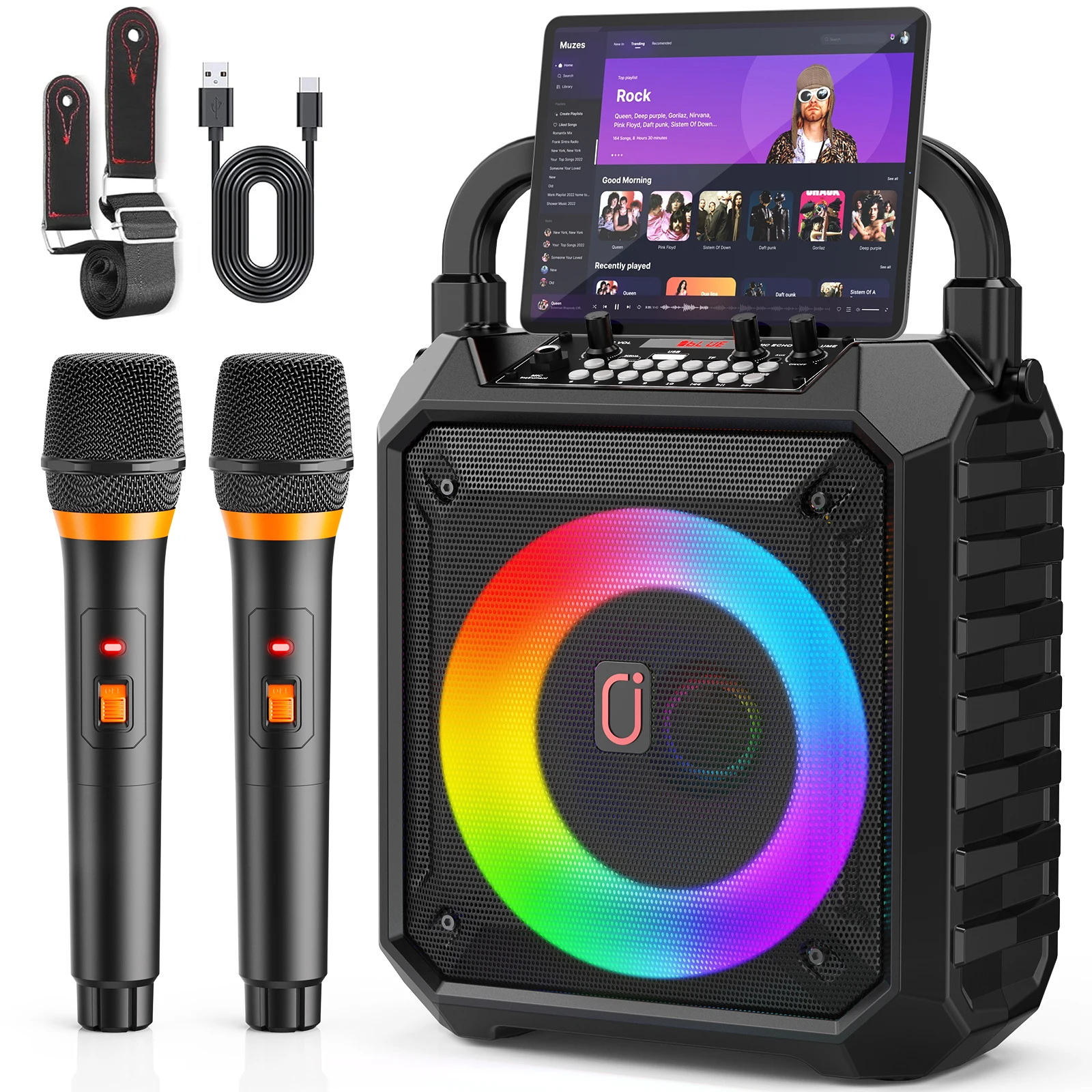 Máquina de karaokê JYX com 2 microfones sem fio, alto-falante portátil com luzes LED, suporta Bluetooth/USB/TF/AUX para festa
