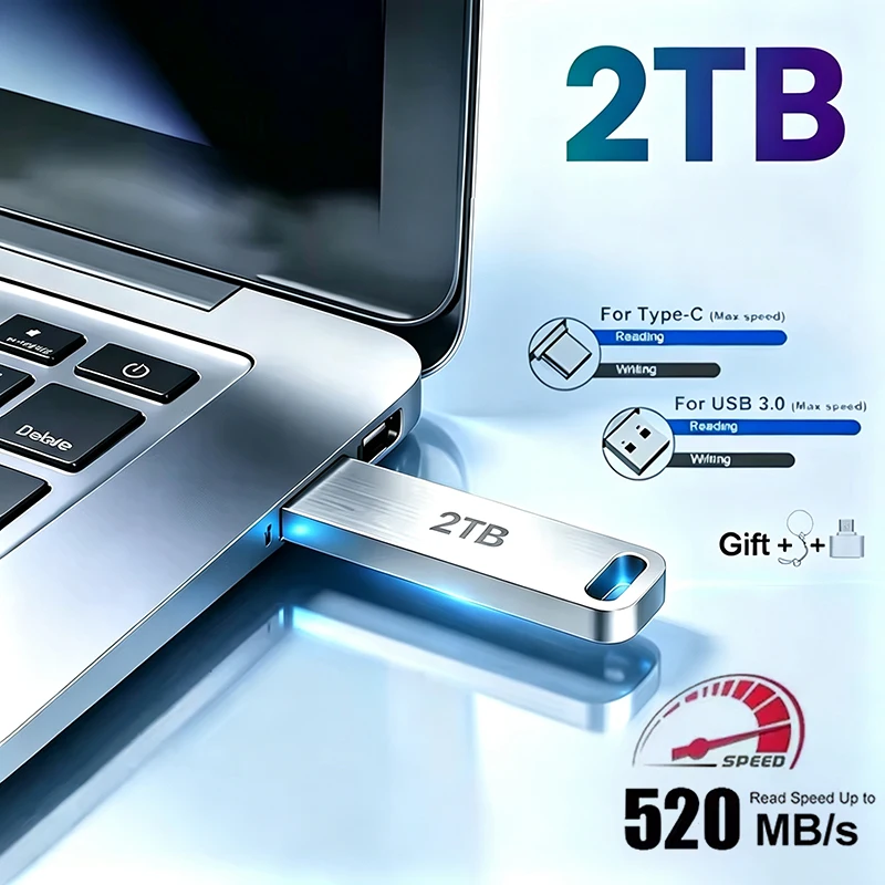 Adaptador USB de Metal, Pen Drive USB 3.0 128GB 256GB 512GB, Mini Pen Drive de Metal de Alta Velocidade 1TB 2TB, Memória USB 1TB 2TB