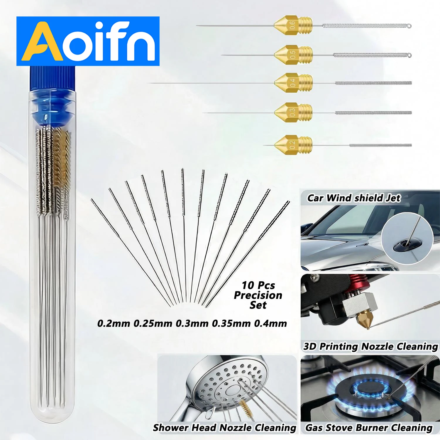 Kit de Limpeza de Bicos de Jato de Aço Inoxidável para Para-brisa de Carro (10 Peças) – Ferramenta para Limpeza de Bicos de Impressoras 3D, Fogões a Gás e Chuveiros