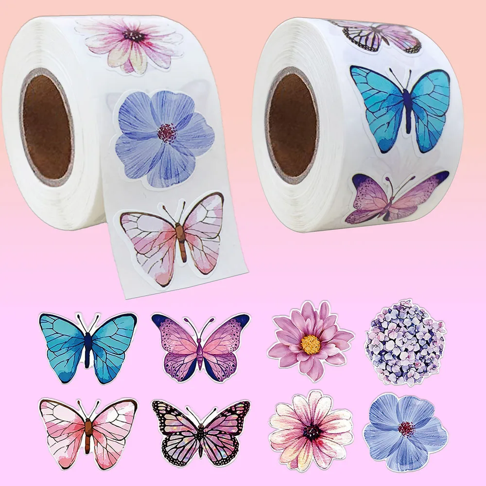 500 Adesivos em Rolo com Borboletas e Flores Vibrantes 2,5cm/1,0 polegada, Decalques Decorativos DIY para Decorar Presentes, Cadernos, Chaleiras, Telefones e Etiquetas de Selagem