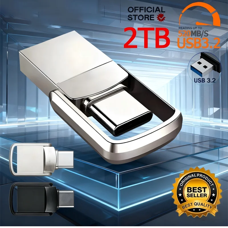 Adaptador USB Pen Drive 2TB 3.2 Tipo C, Memória Flash 256GB 1TB 2TB para Armazenamento em PC e Smartphone