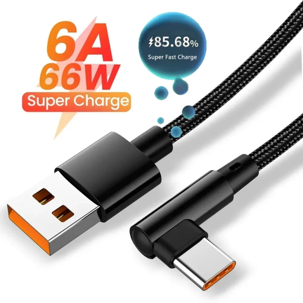 Cabo de Carregamento Rápido USB para Tipo C com Conector em Ângulo de 90 Graus, 66W 6A, Comprimentos de 0,25m, 1m, 1,5m, 2m, 3m