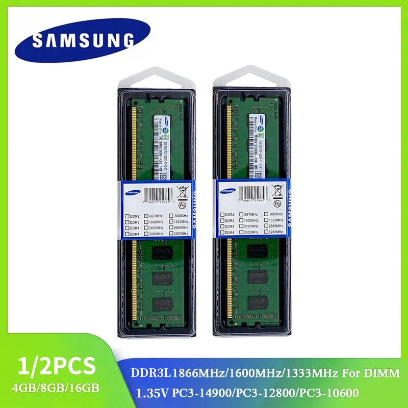 Memória RAM SAMSUNG-DDR3L DIMM, 16GB, 8GB, 4GB, 1866MHz, 1600MHz, 1333MHz, DIMM 240Pin, 1.35V, PC3, Desktop, 1 pc, 2pcs