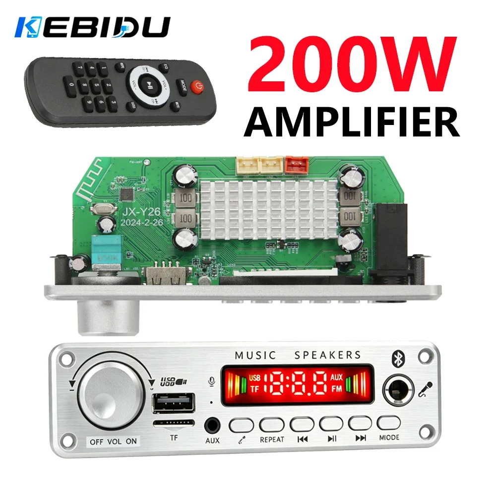 Placa Decodificadora KEBIDU 200W Bluetooth MP3 WMA, Amplificador de Áudio Automotivo Sem Fio 100W DC 12V com MP3 Player, TF, USB, FM e Microfone para DIY