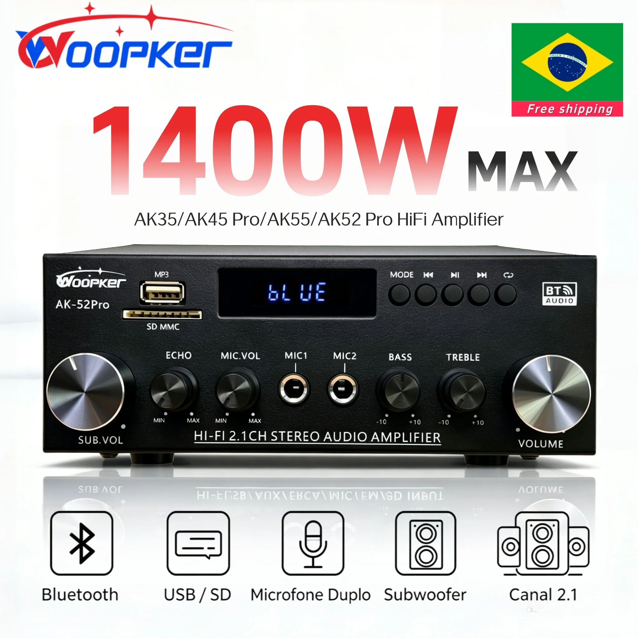 Woopker AK52 Pro AK55 AK45 Pro AK35 Amplificador de Áudio HiFi 2,1 Canais Bluetooth, Receptor Estéreo Digital com Saída de Subwoofer para Sistema de Som Doméstico