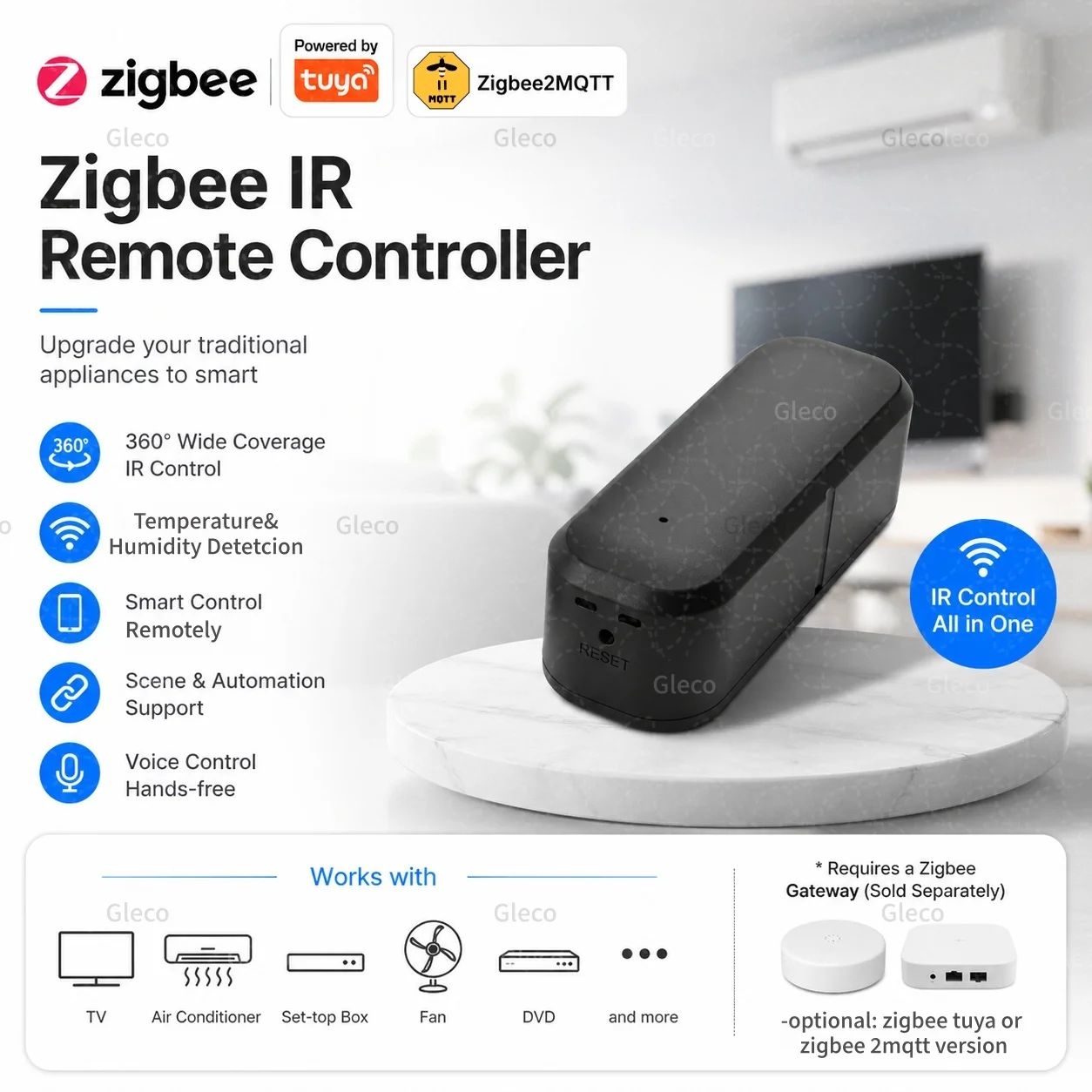 Controle Remoto Zigbee IR com Sensor de Temperatura e Umidade, Controlador Infravermelho Universal para TV, DVD, AUD, AC, 2MQTT, TUYA Smart Life Hub