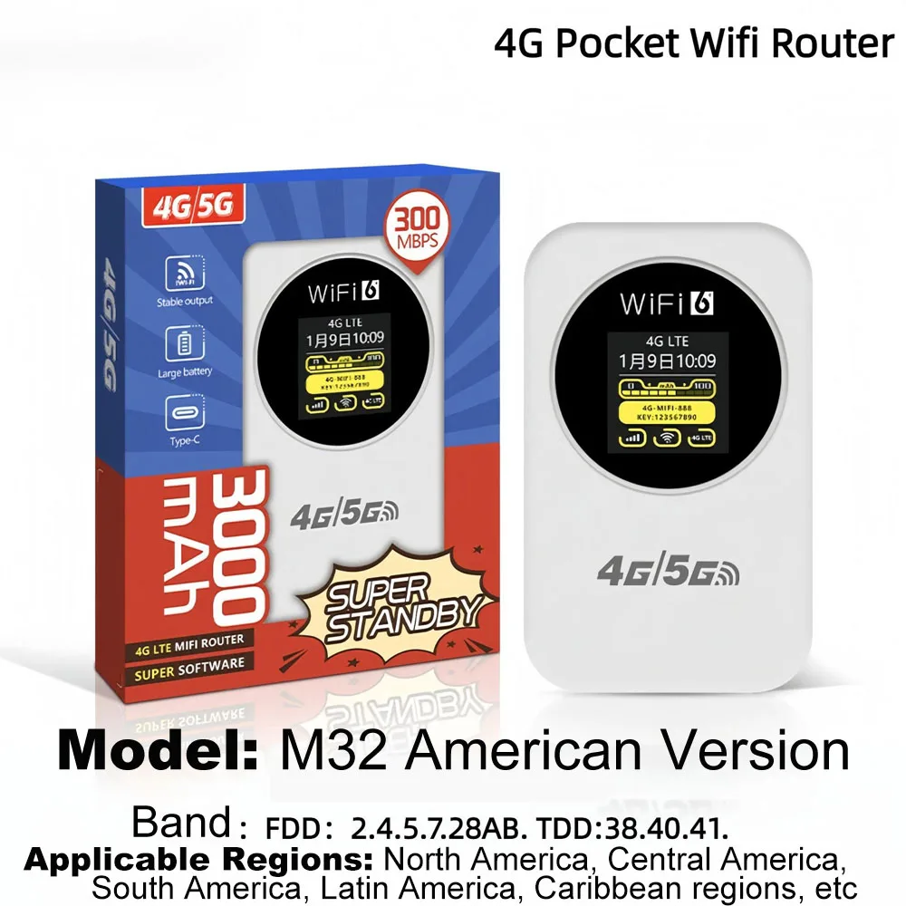 Roteador WiFi Portátil 4G LTE Versão Americana 3000mAh 150Mbps Hotspot Móvel com Slot para Cartão SIM para América do Norte/Sul e Caribe
