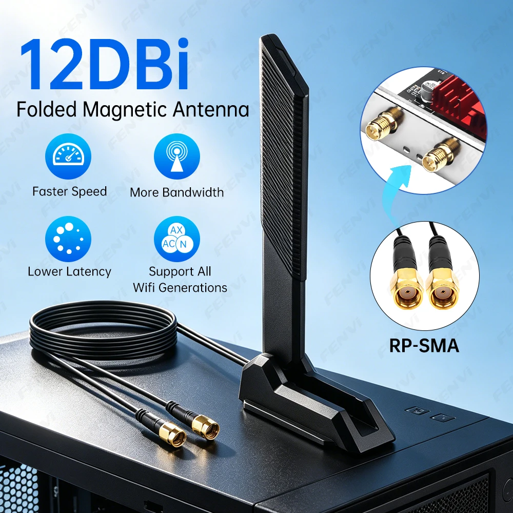 Antena WiFi 6E 6Ghz Magnética Dobrável 2.4G/5G 12DBi de Alto Ganho para Placa de Rede e Roteador Sem Fio