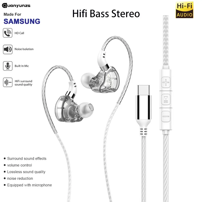 Fones de Ouvido com Fio Tipo-C Originais com Microfone, Earbuds com Bass Estéreo HiFi, Headset para Jogos para Samsung e Xiaomi