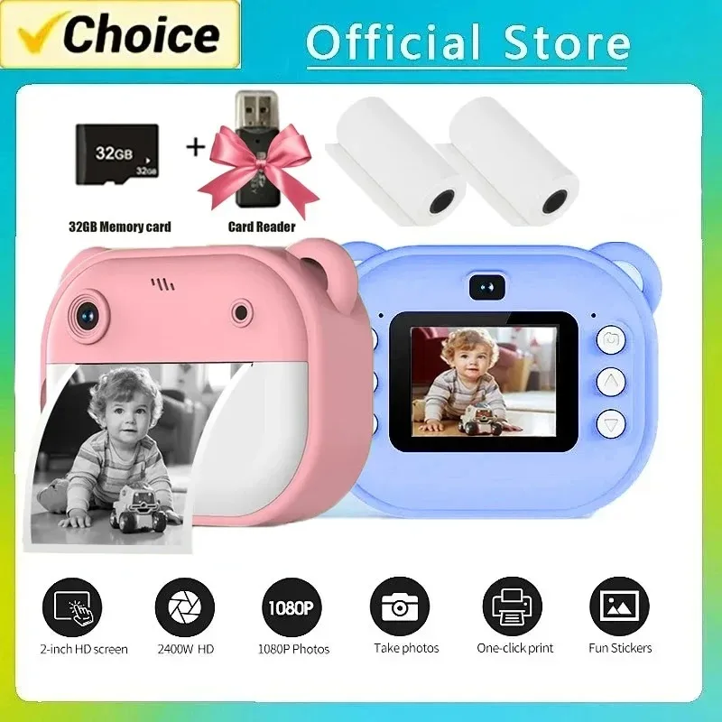 Crianças câmera digital impressão instantânea para crianças câmera de impressão térmica instantânea câmera de impressão de fotos brinquedos de vídeo + cartão de memória 32g