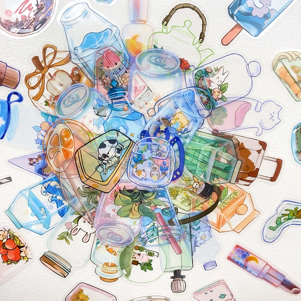 50 pçs objetos transparentes pet adesivos decalques para portátil notebook skate guitarra capacete diy dos desenhos animados adesivos estéticos