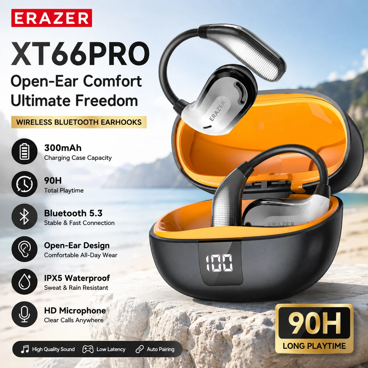 Fones de Ouvido Bluetooth ERAZER XT66PRO, Headsets ASMR, Tradutor de IA via APP, Fones Sem Fio com 13 Horas de Duração da Bateria e Display