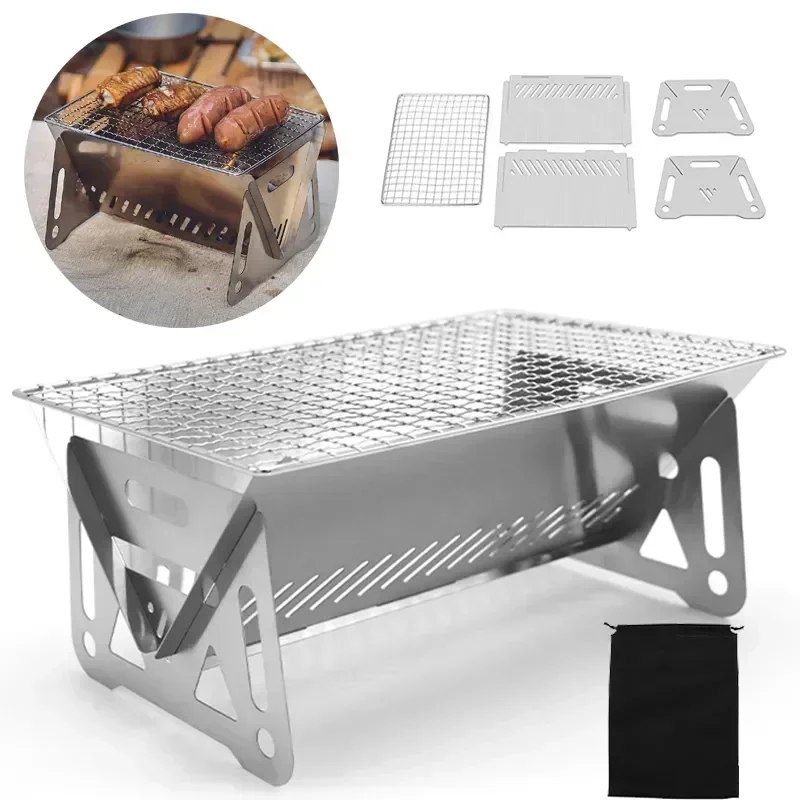 Churrasqueira Portátil Dobrável, Fogão de Aquecimento Multifuncional, Grelha de Churrasco para Camping, Fogão a Lenha, Grelha de Churrasco em Aço Inoxidável