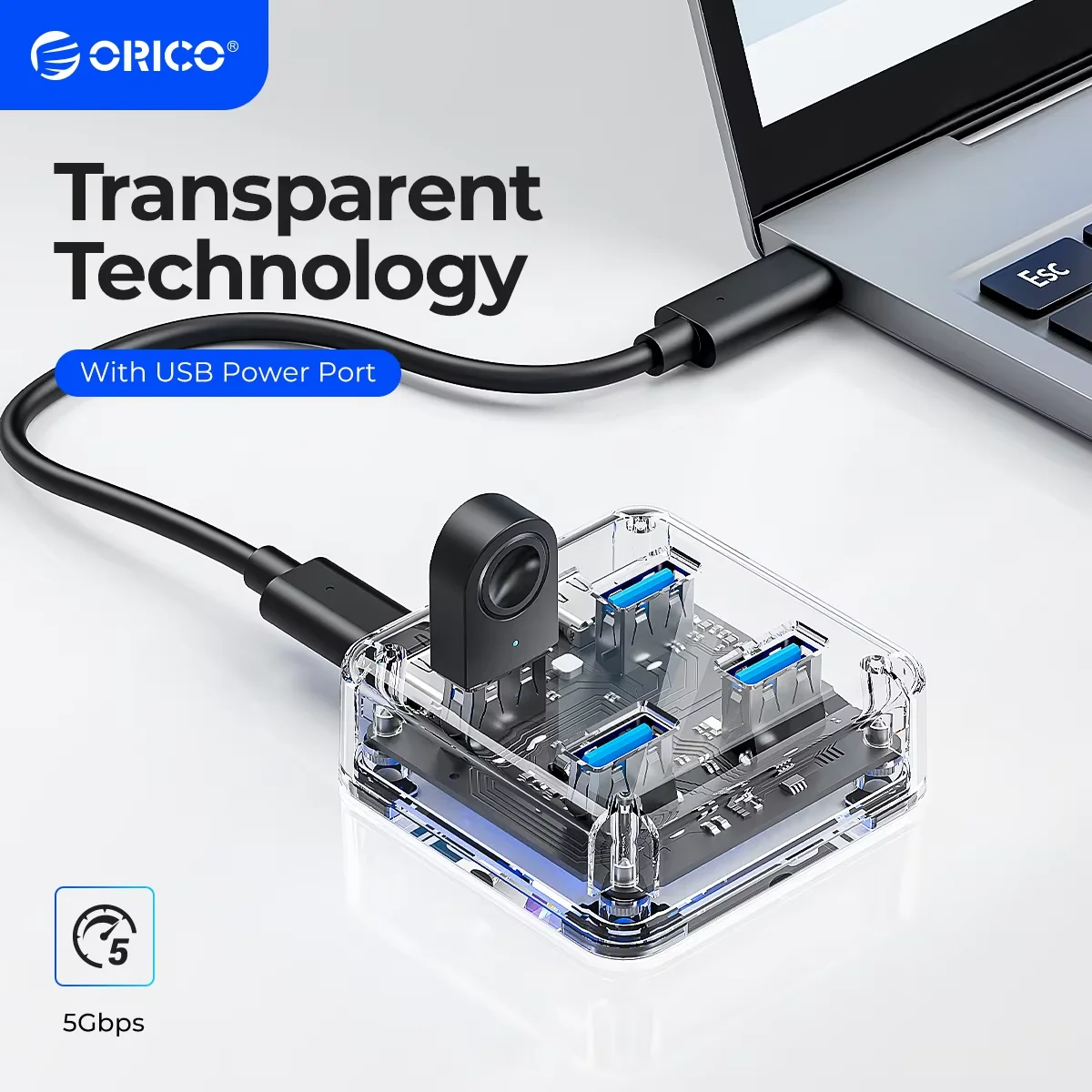 Orico transparente usb c hub expansão de 4 portas com interface de fonte de alimentação protocolo usb 3.2 transmissão de alta velocidade otg dapter