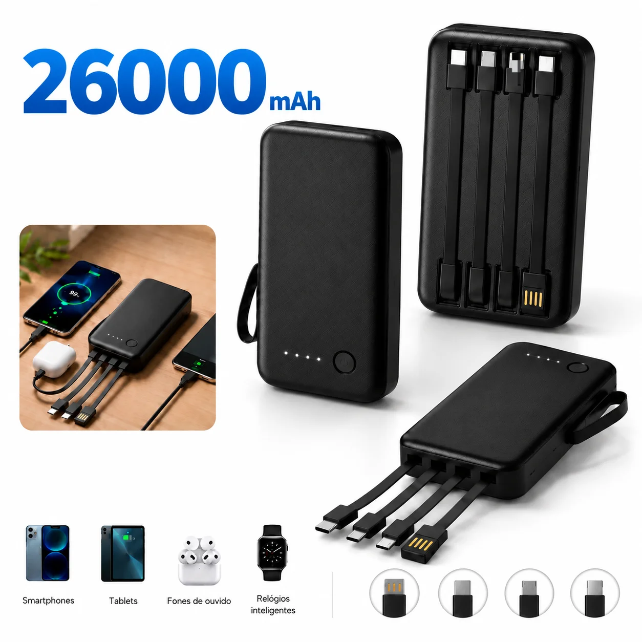 Power Bank 12000mAh e 26000mAh Carregador Rápido Portátil com 4 Cabos USB para Smartphone e Viagem Power Bank 12000mAh e 26000mAh Carregador Rápido Portátil com 4 Cabos USB para Smartphone e Viagem