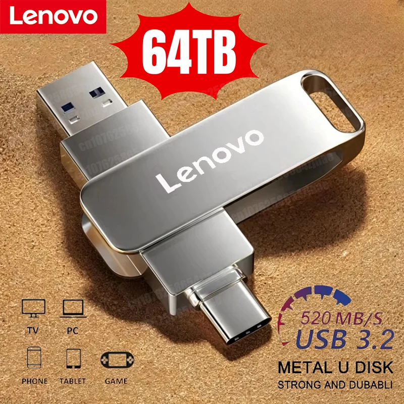 Pen Drive Lenovo 16TB USB 3.2 de Alta Velocidade, Metal, à Prova d'Água