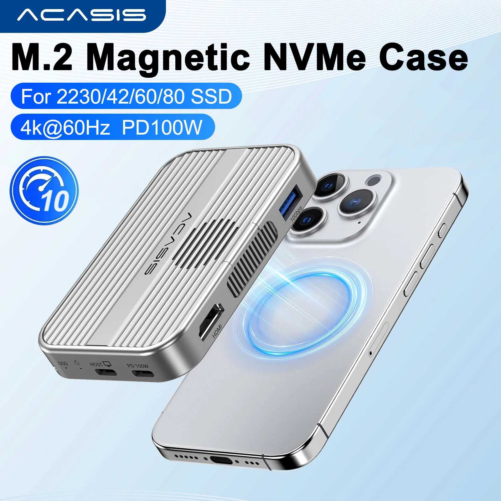 Acasis magnético m.2 nvme ssd gabinete 10gbps usb c docking station com ventilador de refrigeração hdmi 4k60hz sd/tf pd 100w para iphone 17 16