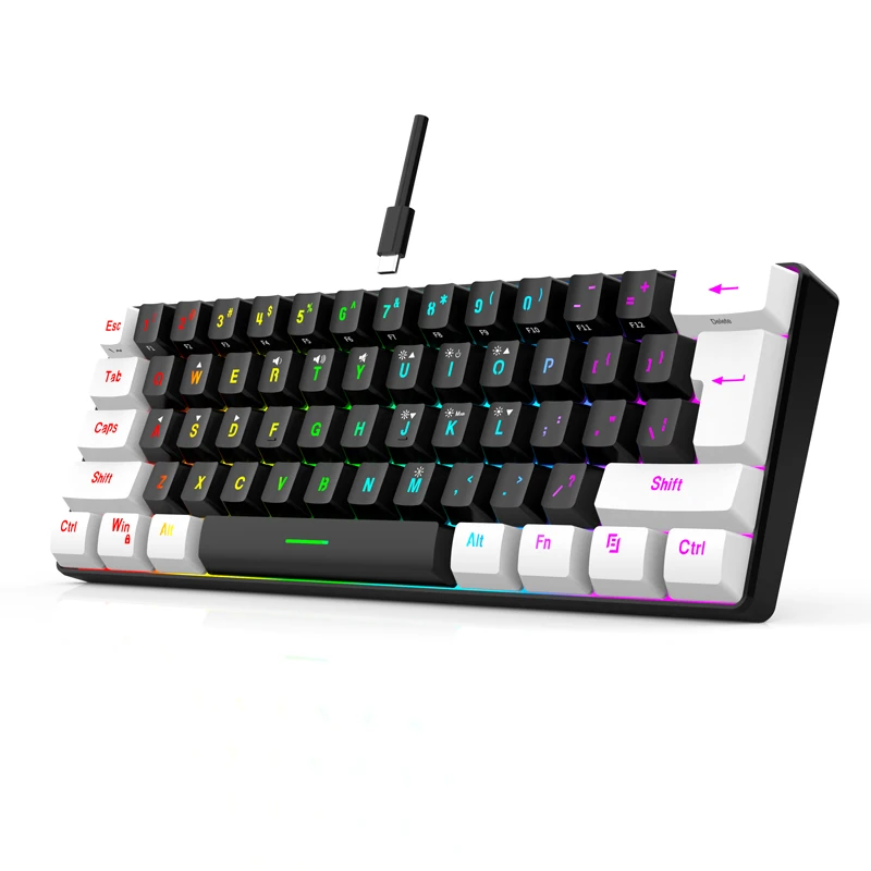 Teclado com 61 teclas, com fio, película protetora à prova d'água, interruptores brancos, pretos e azuis, com retroiluminação RGB, ideal para jogos e uso em escritório, conjunto para jogadores de PUBG, teclado retroiluminado.