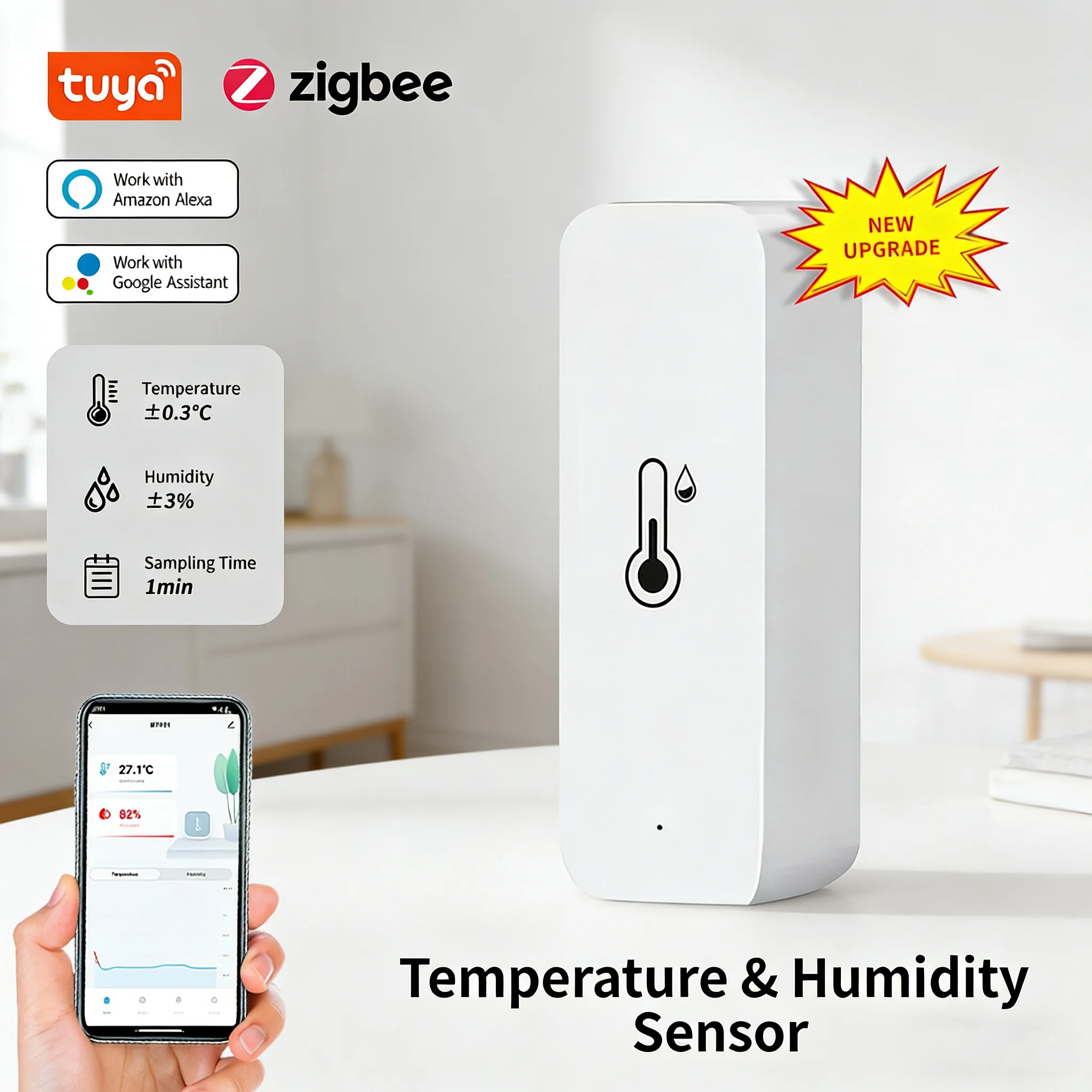 Sensor de Temperatura e Umidade Inteligente Tuya Zigbee, Higrômetro e Termômetro para Automação Residencial, Dados em Tempo Real, Compatível com Alexa