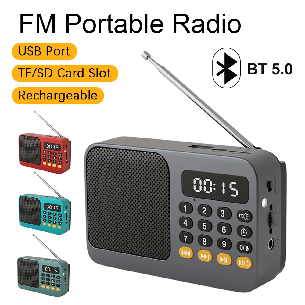 Rádio FM Portátil Recarregável com Tela LCD Digital, Reprodutor de Música MP3 USB TF com Lanterna e Caixa de Som Bluetooth Sem Fio