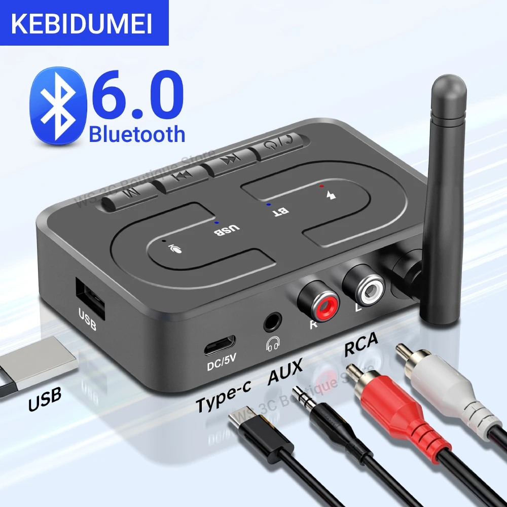 Receptor de Áudio Bluetooth 6.0 USB U-Disk Adaptador de Música Sem Fio com Microfone HD e Antena 3.5mm AUX RCA HIFI Estéreo para Carro, Alto-falante e Amplificador