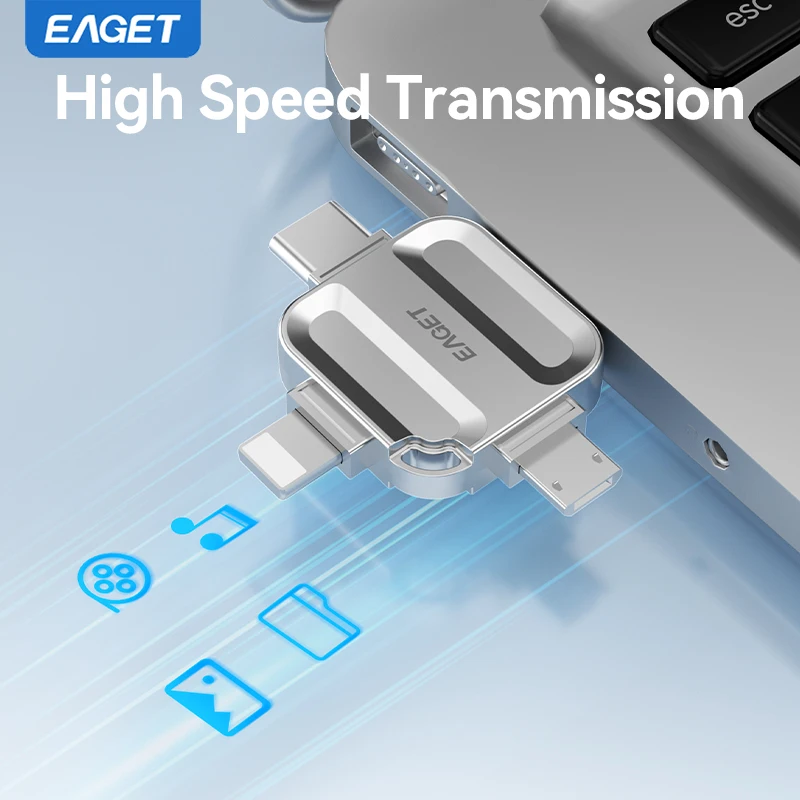 Pen Drive Eaget 4 em 1 Mini USB Flash Drive USB Tipo C Mirco B Lightning para USB 3.2, Memória USB para Telefones, PCs e Laptops